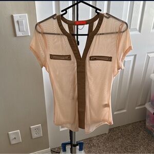 Banjul Cream and Brown Sheer Blouse with Mandarin Collar